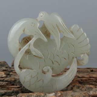 Chinese Exquisite Hand - Carved Two Birds Carving Hetian Jade Statue