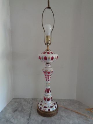 Vtg Bohemian Tall White Glass To Cranberry Cut Glass Painted Flowers Lamp