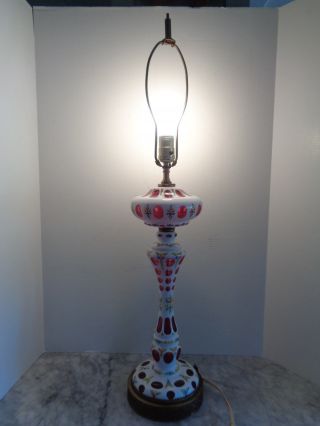 Vtg Bohemian Tall White Glass to Cranberry Cut Glass Painted Flowers Lamp 2