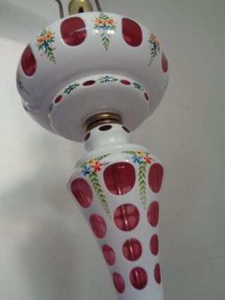 Vtg Bohemian Tall White Glass to Cranberry Cut Glass Painted Flowers Lamp 6