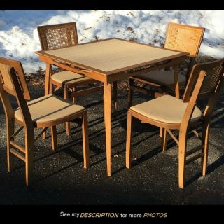 Mid Century Stakmore Folding Card Table 4 Cane Back Chairs Retro Mcm Maple Birch