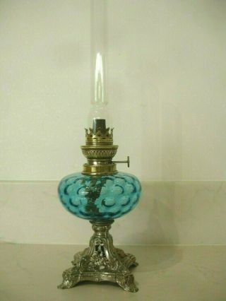 Vintage French Oil Lamp Blue Glass,  Silver Coloured Base.  Brass Burner