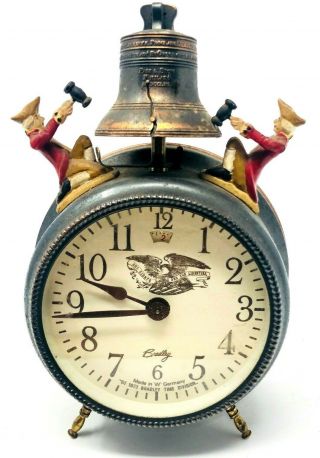 Vintage 1973 Bradley West Germany Wind Up Alarm Clock 2 Soldier W/ Liberty Bell
