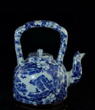 China Hand - Made Blue And White Porcelain Hand Painted Landscape Teapot C01