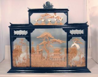 Large Vintage Chinese Hand Carved Cork Diorama Crane Pagoda Black Lacquer Art