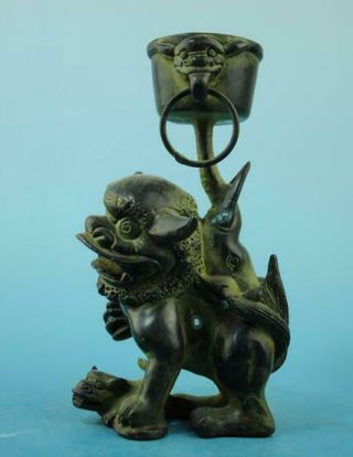 China Old Fengshui Copper Hand - Carved Unicorn Pi Xiu Statue Candlestick F02