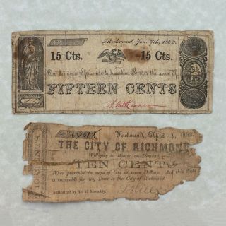 1862 Civil War Era Two (2) Bank Notes: 10¢ And 15¢,  From Richmond,  Virginia