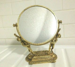 Vintage Double Magnifying Gold Swivel Mirror Angels Cherubs Vanity By Stylebuilt