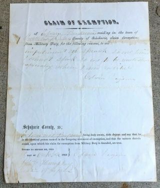 Antique 1862 Civil War Medical Claim Of Exemption Letter Schoharie York
