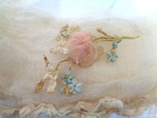 Exquisite Victorian French Silk Ribbonwork Rose Leaves Flowers On Vine