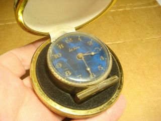 Vintage Seth Thomas Cobalt Blue Dial Wind Up Travel Alarm Clock Germany Case