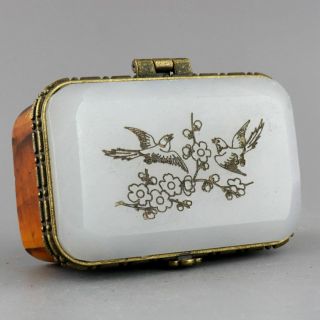 Collect Handwork Old 0x Bone Inlay Jade Carve Bird & Flower Exquisite Little Box