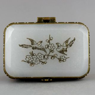 Collect Handwork Old 0x Bone Inlay Jade Carve Bird & Flower Exquisite Little Box 2