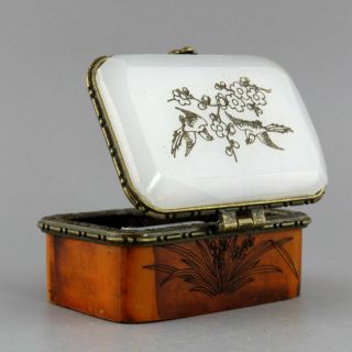 Collect Handwork Old 0x Bone Inlay Jade Carve Bird & Flower Exquisite Little Box 4