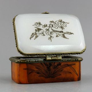 Collect Handwork Old 0x Bone Inlay Jade Carve Bird & Flower Exquisite Little Box 5