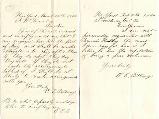 1862,  Charles E.  Billings,  Famed Gun Maker,  Letter Signed,  Providence Tool Co.