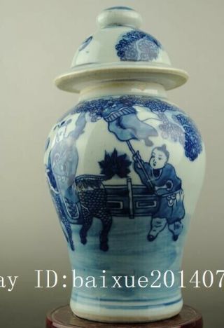 China old Blue and White porcelain Hand painted Kirin SongZi Cover pot c02 3