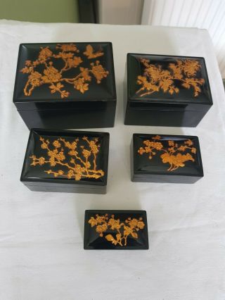 Vintage Oriental Black Lacquered Nest Of Five Boxes With Gilt Decoration