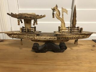 Antique Chinese Carved Bovine Bone Asian Ship On Carved Stand 13”