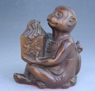 Chinese Old Fengshui Copper Hand - Carved Propitious Monkey Hold Seal Statue E01