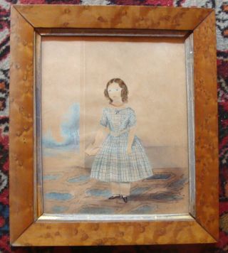 Ca 1840 Framed Watercolor On Paper Of Little Blue - Eyed Girl In Plaid Dress