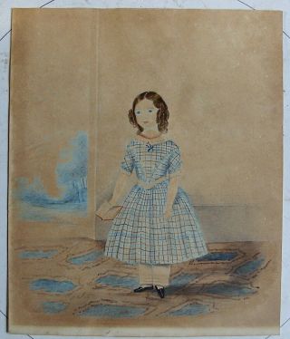 ca 1840 framed watercolor on paper of little blue - eyed girl in plaid dress 2