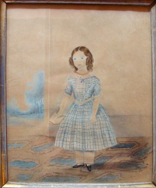 ca 1840 framed watercolor on paper of little blue - eyed girl in plaid dress 3