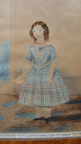 ca 1840 framed watercolor on paper of little blue - eyed girl in plaid dress 4