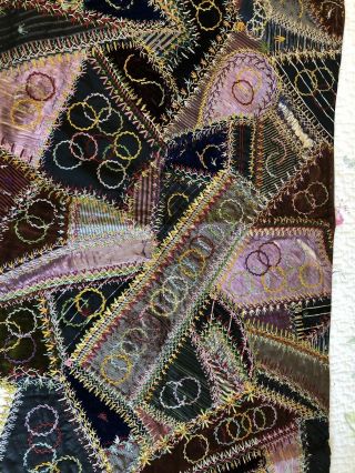 Antique Silk Crazy Quilt Wall Hanging Great Stitches Victorian 18 " X 54 "