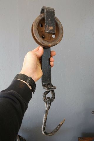 Large Steel Meat Hook With Trolley Pulley Vintage Antique Coat Hook Industrial