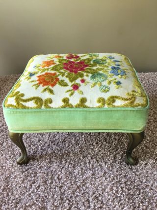 Vintage Brocade And Velour Covered Footstool.  Feet Appear To Be Brass.