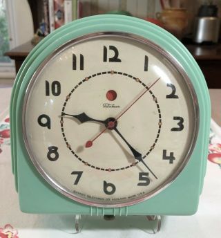 Vintage Deco Telechron Jadite Kitchen Clock.  Looks Great W/ Mckee & Fire King