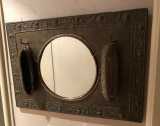 Antique Metal On Wood Mirror With Thistle Design And Two Brushes