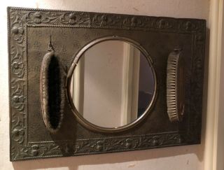 Antique Metal On Wood Mirror With Thistle Design And Two Brushes 2