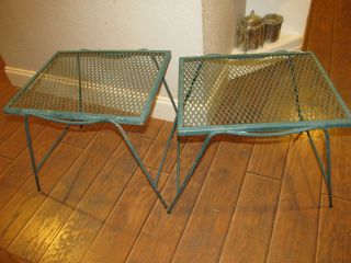 2 Vintage Stacking Nest Side Tables Metal Wrought Iron Wire Mesh Outdoor Patio