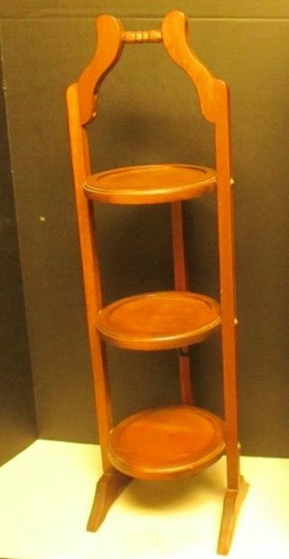Vintage Folding Solid Wood 2 Tier Pie Rack Stand Plant Stand Fruit Print Detail