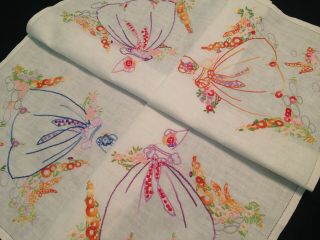 Vintage Hand Embroidered Tablecloth Elegant Crinoline Ladies And Flowers
