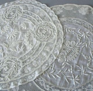 2 Vintage French Normandy Lace Round Centerpieces Pillow Top Embroidered Flowers