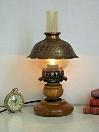 Mid Century French Country Lantern Style Copper Wood & Glass Table Lamp 1347