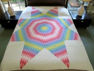 FULL Vintage All Cotton Hand Pieced & Quilted EYE DAZZLER LONE STAR Quilt; Good 2