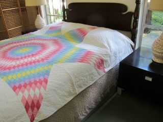 FULL Vintage All Cotton Hand Pieced & Quilted EYE DAZZLER LONE STAR Quilt; Good 3