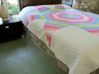 FULL Vintage All Cotton Hand Pieced & Quilted EYE DAZZLER LONE STAR Quilt; Good 5