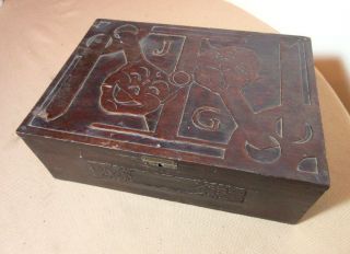 Antique Hand Made Carved Wood Figural Folk Art Theatre Film Acting Mask Box