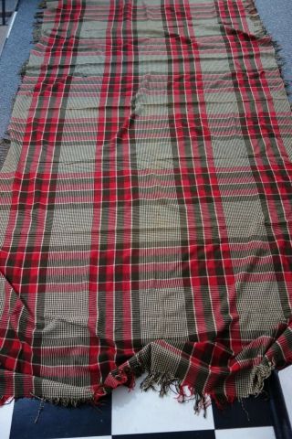 Huge Victorian Wool Plaid Blanket - 56x116 - Barn Red,  Cream,  Brown - Double Length -