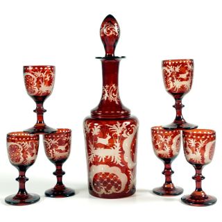 Antique Bohemian Ruby Cut To Clear Liquor Set Decanter Cordial Glasses Engraved