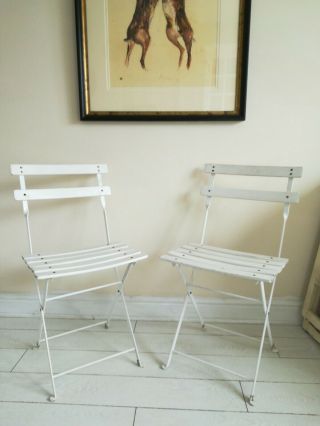 2 French Vintage Slatted Folding Chair Wood Metal White Wedding Event Bistro Pub
