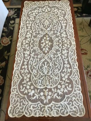 Antique Vintage French Tambour Net Lace Runner Scarf Textile 36 " X 16 "
