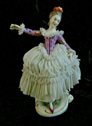 Antique Ackermann & Fritze Dresden Lace Porcelain " Elegant Lady " Figurine