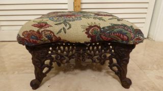 Antique Victorian Footstool Cast Iron Floral Needlepoint Tapestry Vintag Ottoman
