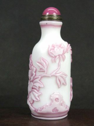 Chinese Flower Bird Carved Peking Overlay Glass Snuff Bottle 3